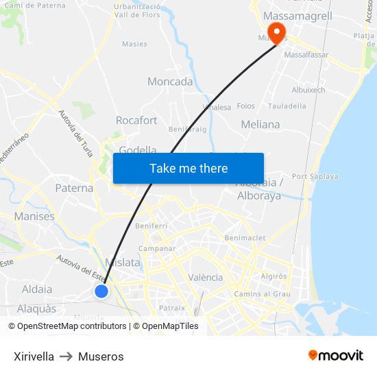 Xirivella to Museros map