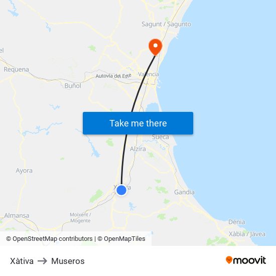 Xàtiva to Museros map