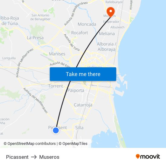 Picassent to Museros map