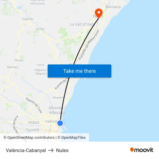 València-Cabanyal to Nules map