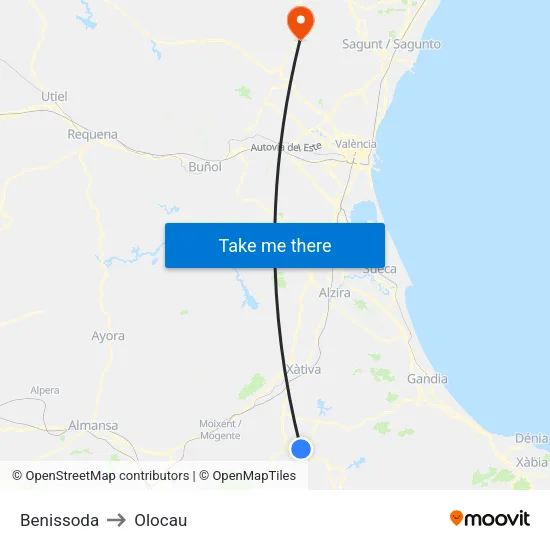 Benissoda to Olocau map