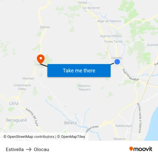 Estivella to Olocau map