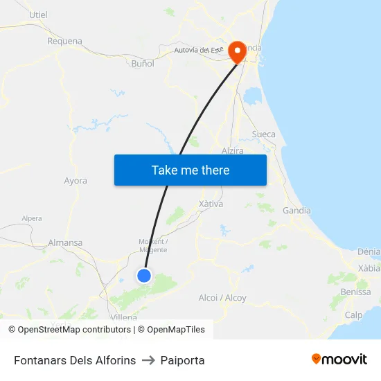 Fontanars Dels Alforins to Paiporta map