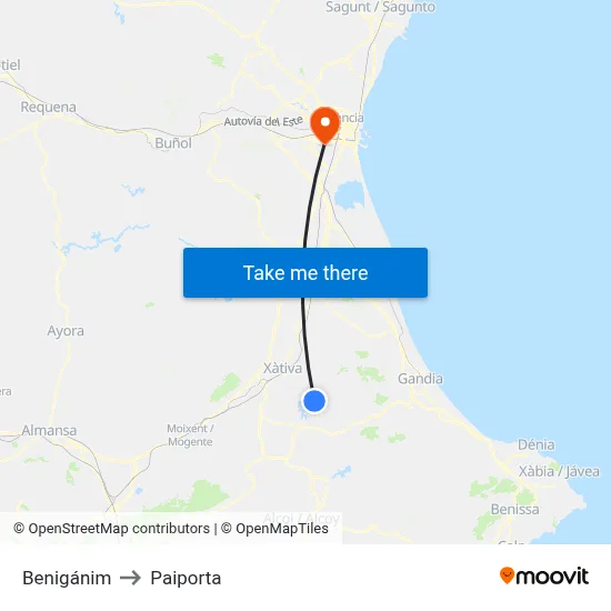 Benigánim to Paiporta map