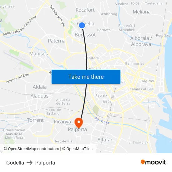 Godella to Paiporta map