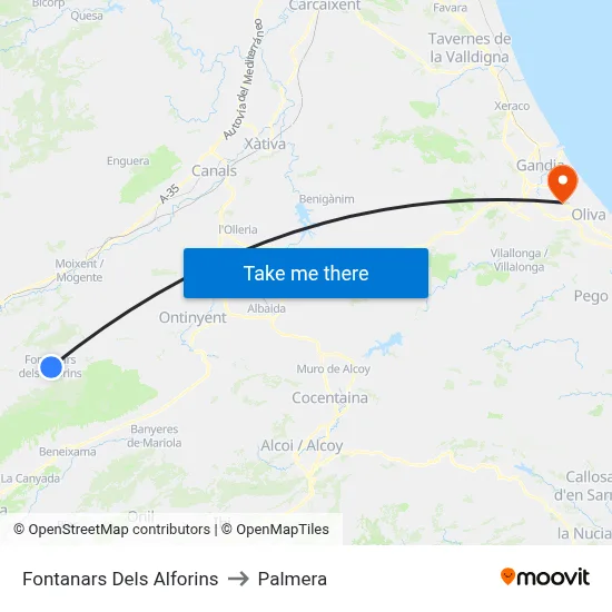 Fontanars Dels Alforins to Palmera map