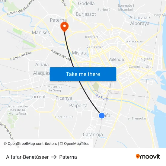 Alfafar-Benetússer to Paterna map