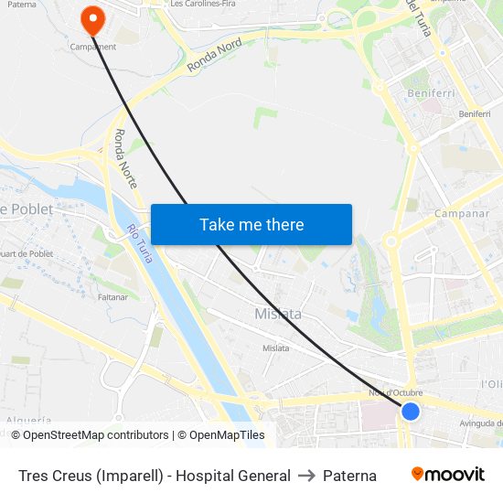 Tres Creus (Imparell) - Hospital General to Paterna map