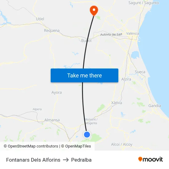 Fontanars Dels Alforins to Pedralba map