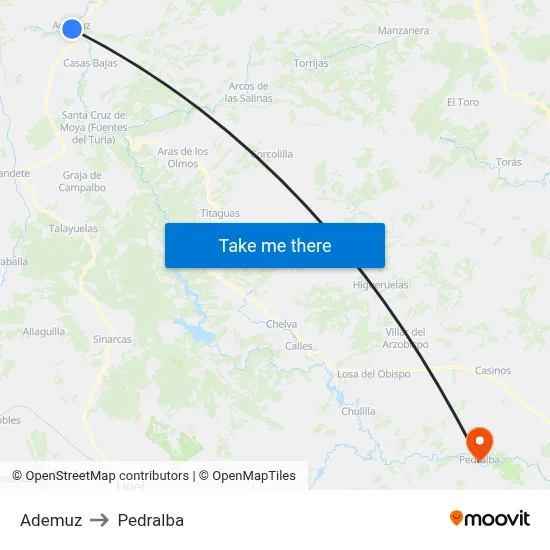 Ademuz to Pedralba map