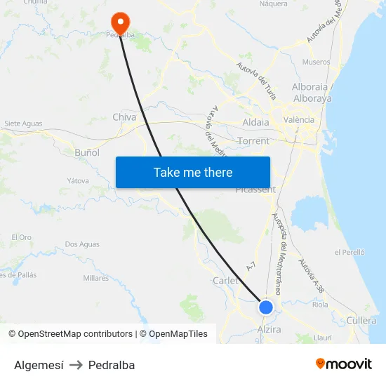 Algemesí to Pedralba map