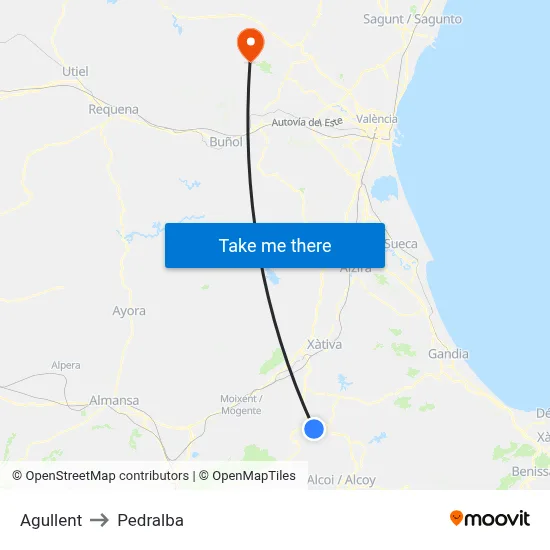 Agullent to Pedralba map
