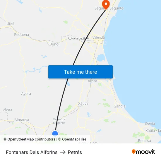 Fontanars Dels Alforins to Petrés map