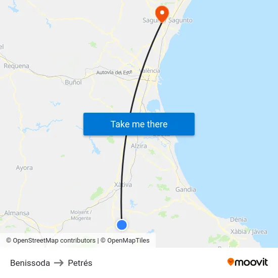 Benissoda to Petrés map