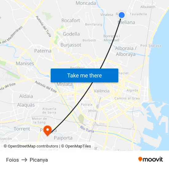 Foios to Picanya map