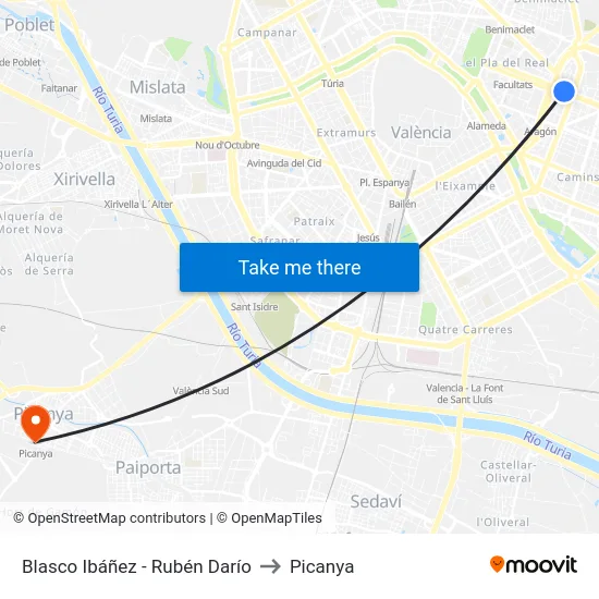 Blasco Ibáñez - Rubén Darío to Picanya map