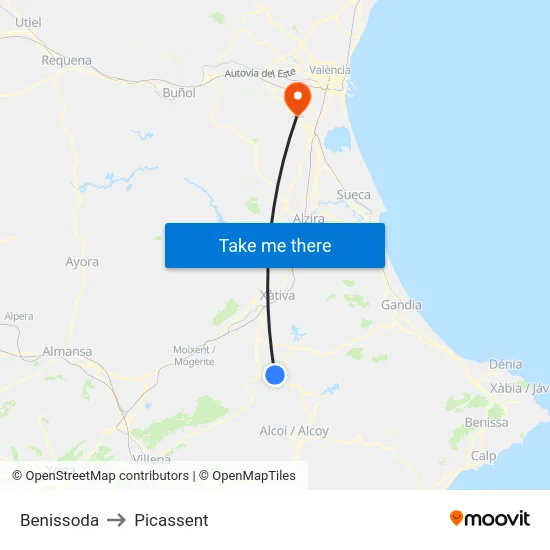 Benissoda to Picassent map