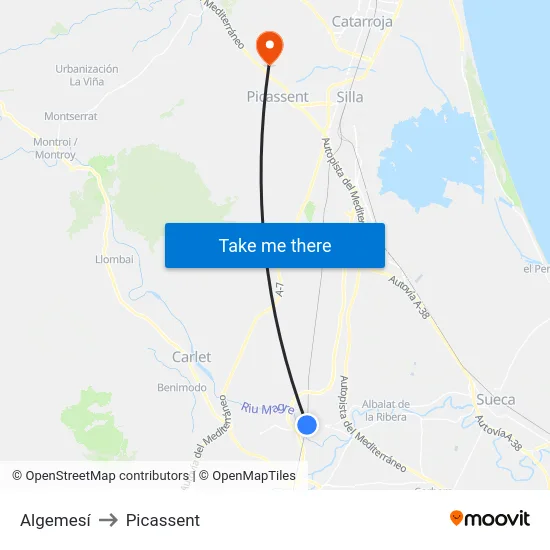 Algemesí to Picassent map