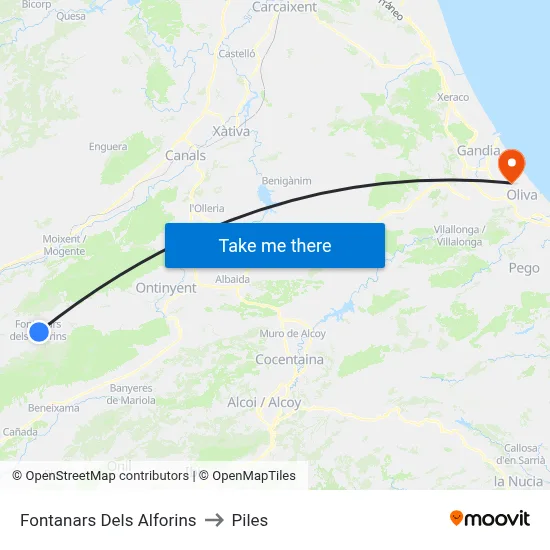 Fontanars Dels Alforins to Piles map