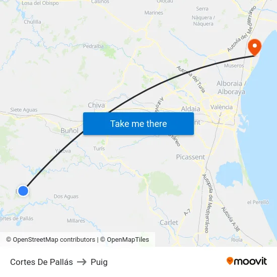 Cortes De Pallás to Puig map