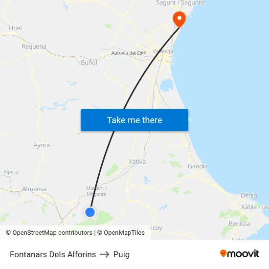 Fontanars Dels Alforins to Puig map