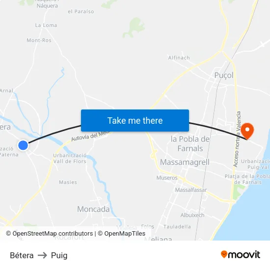 Bétera to Puig map