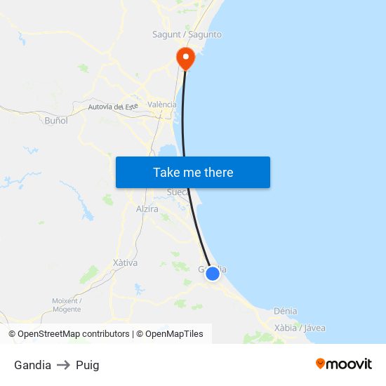 Gandia to Puig map