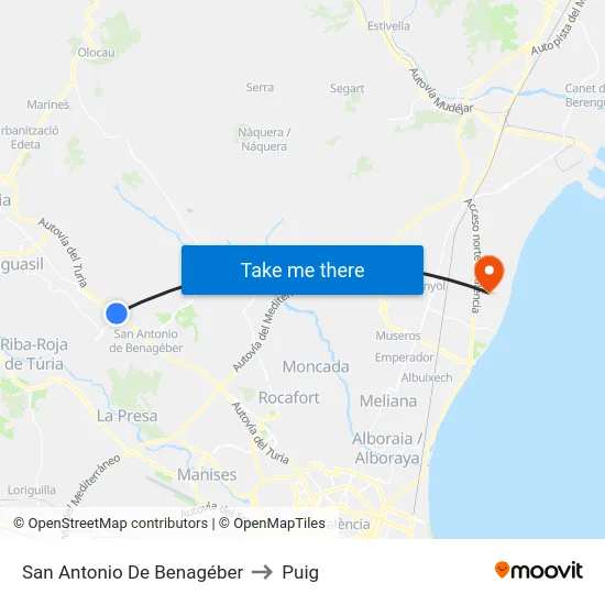 San Antonio De Benagéber to Puig map