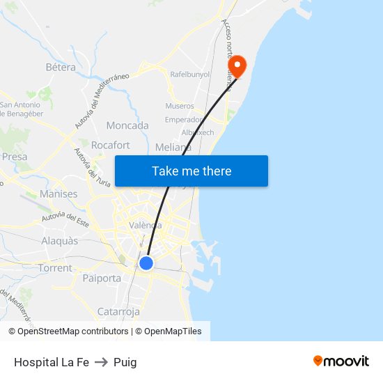 Hospital La Fe to Puig map