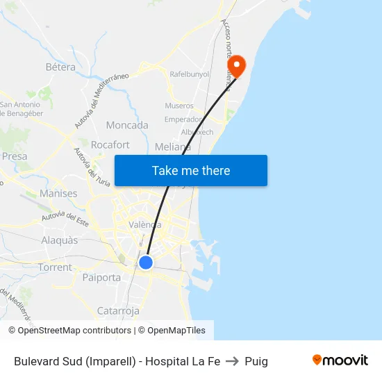 Bulevard Sud (Imparell) - Hospital La Fe to Puig map