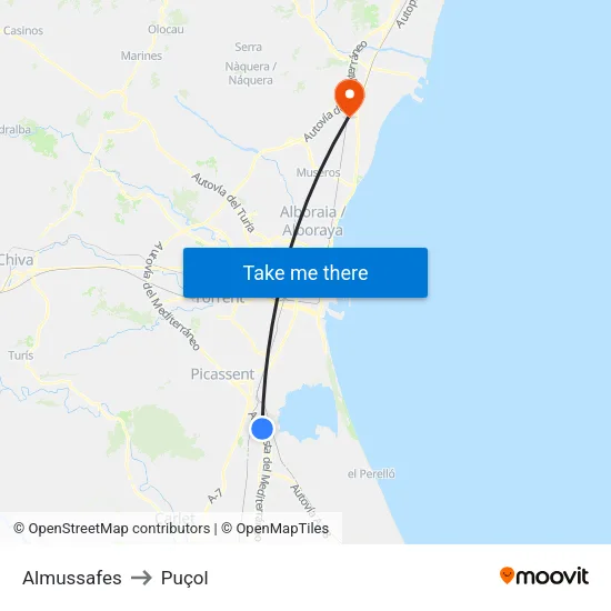 Almussafes to Puçol map