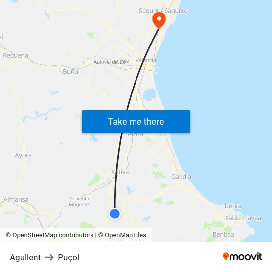 Agullent to Puçol map