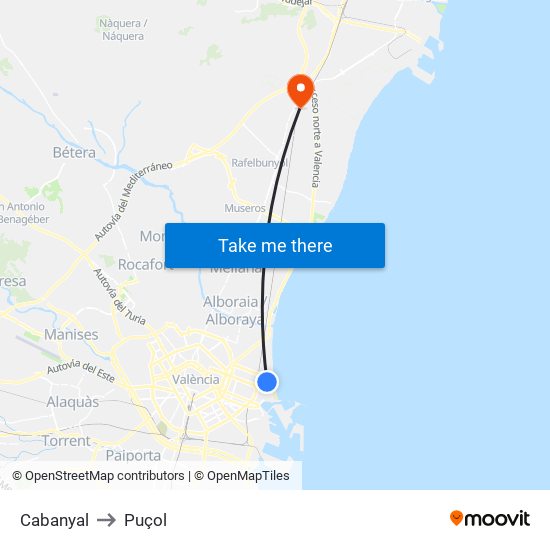 Cabanyal to Puçol map