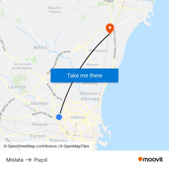 Mislata to Puçol map
