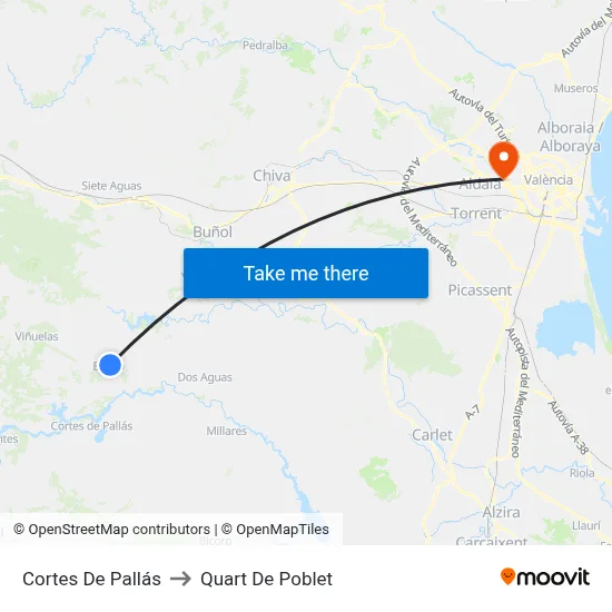 Cortes De Pallás to Quart De Poblet map