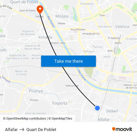 Alfafar to Quart De Poblet map