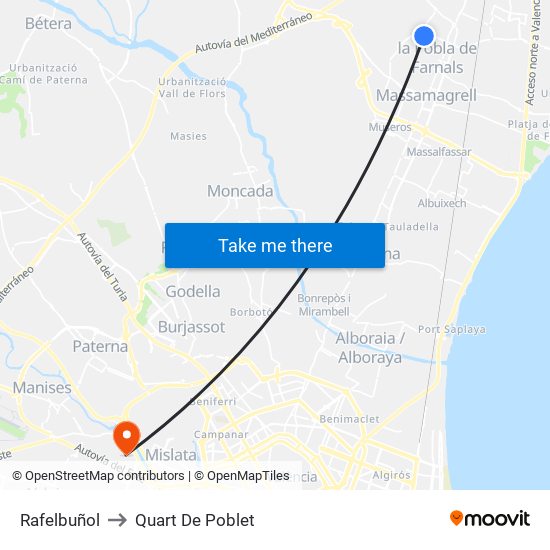 Rafelbuñol to Quart De Poblet map