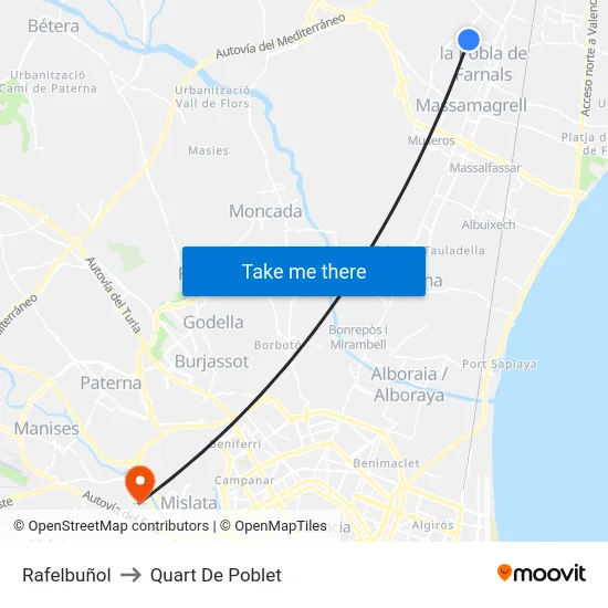 Rafelbuñol to Quart De Poblet map