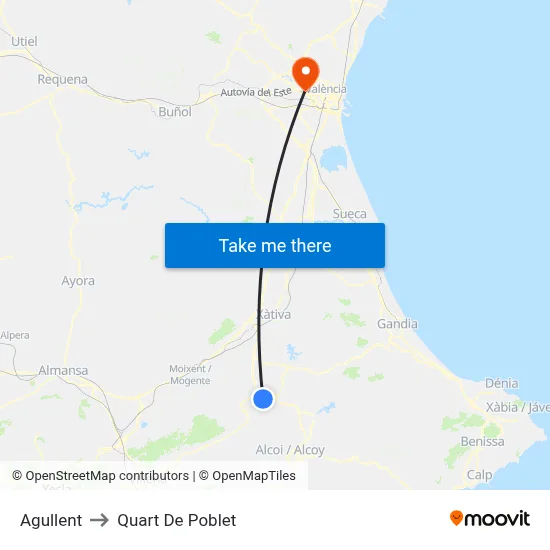 Agullent to Quart De Poblet map