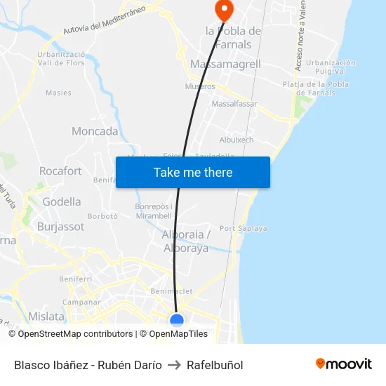 Blasco Ibáñez - Rubén Darío to Rafelbuñol map