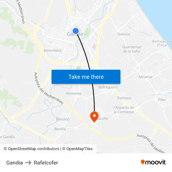 Gandia to Rafelcofer map