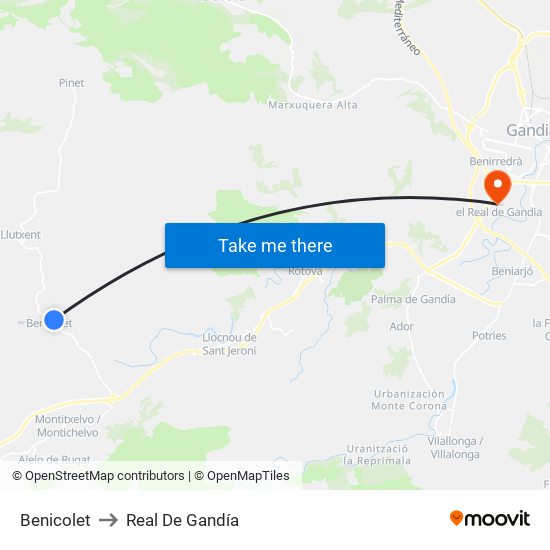 Benicolet to Real De Gandía map