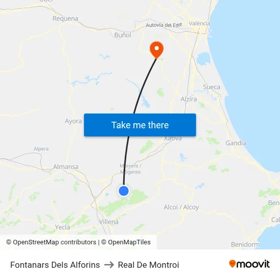 Fontanars Dels Alforins to Real De Montroi map