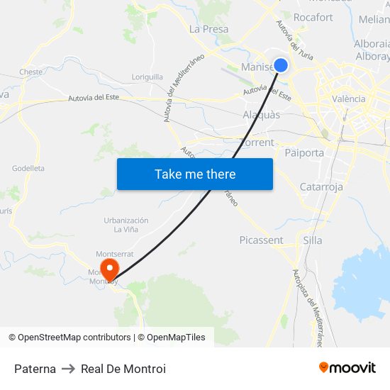 Paterna to Real De Montroi map