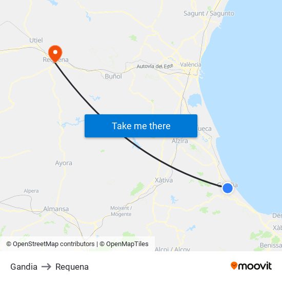 Gandia to Requena map