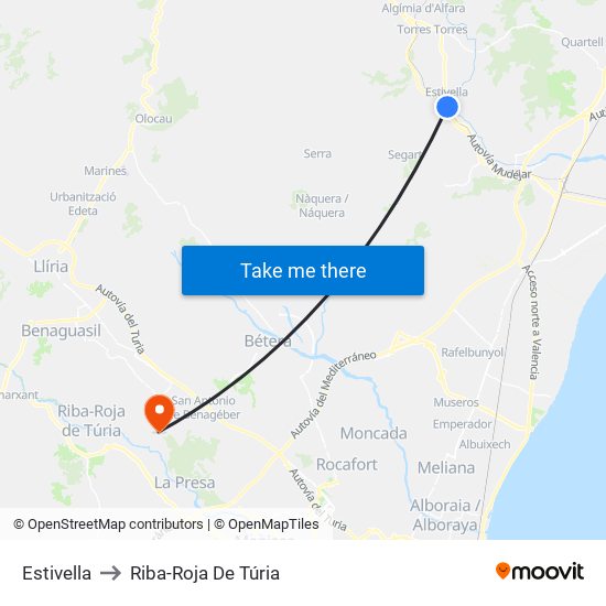 Estivella to Riba-Roja De Túria map