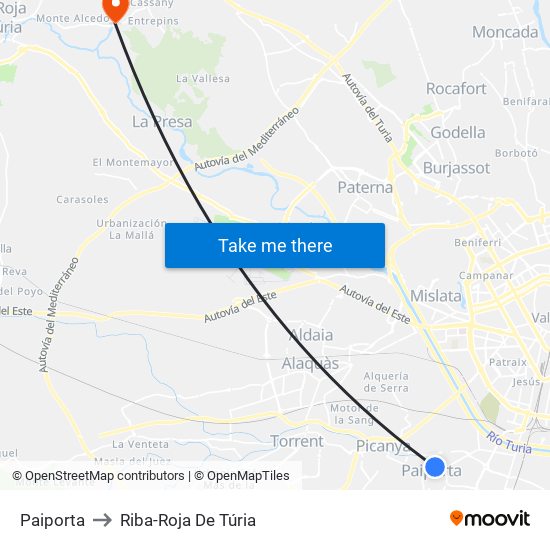 Paiporta to Riba-Roja De Túria map