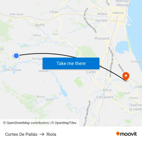 Cortes De Pallás to Riola map