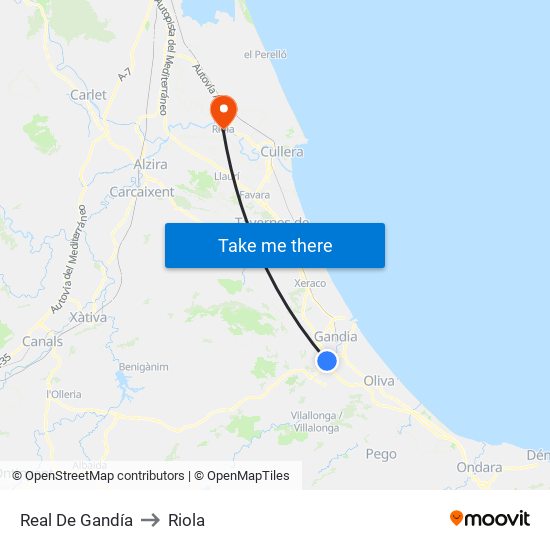 Real De Gandía to Riola map