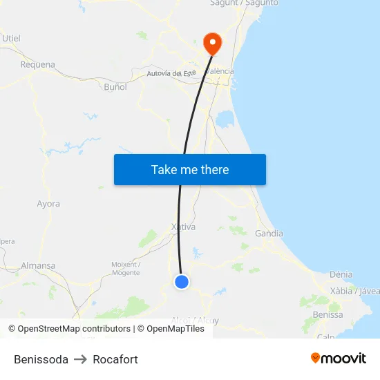Benissoda to Rocafort map